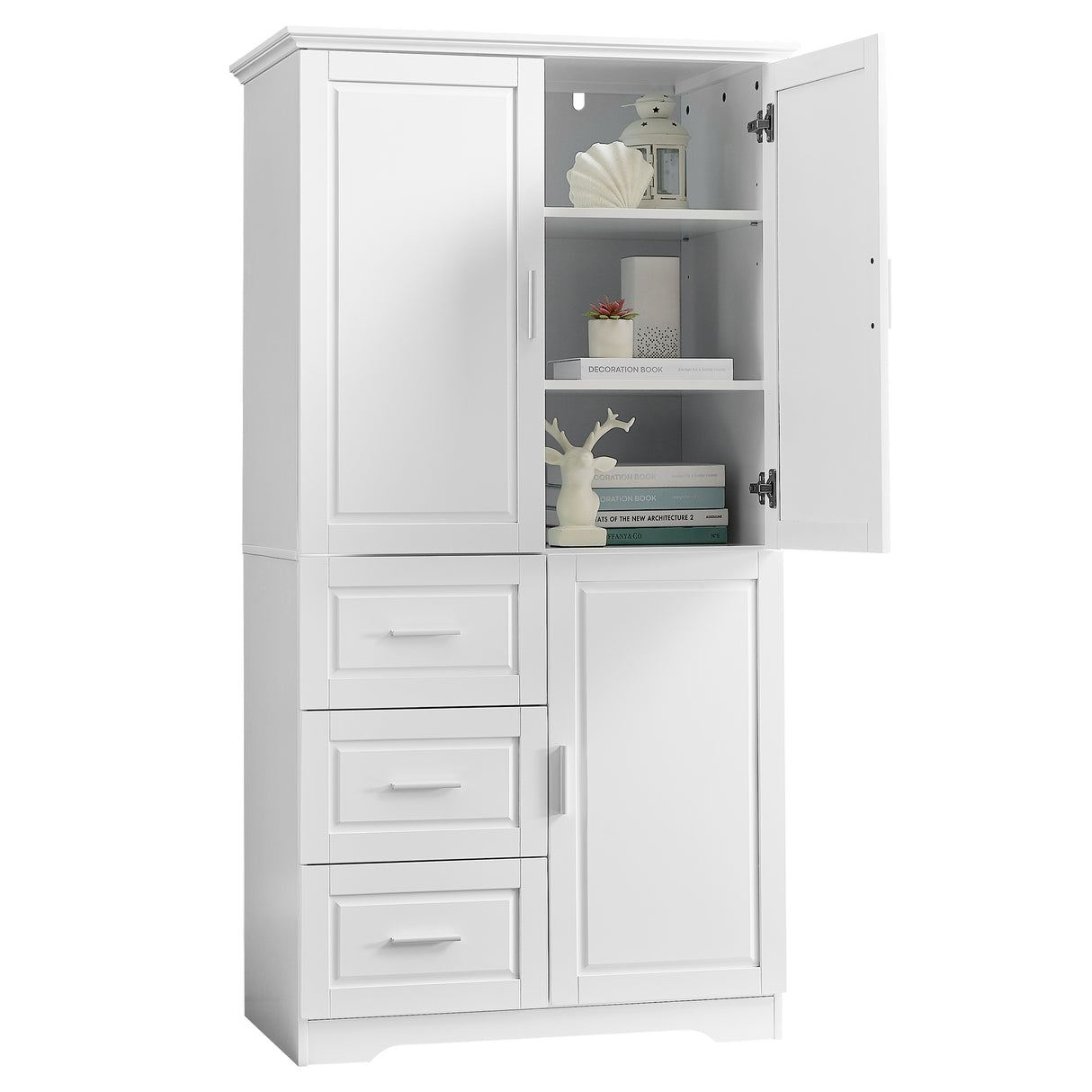 Tall and Wide Storage Cabinet with Doors for Bathroom/Office, Three Drawers, White - V.I.P Digital Presence