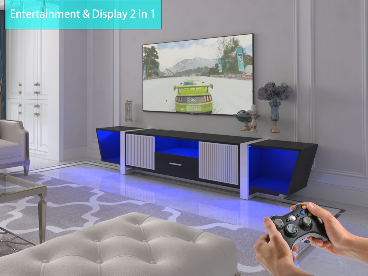 TV console with storage cabinet, dual flat LED TV stand with remote control, multi-mode light with power cord, black - V.I.P Digital Presence