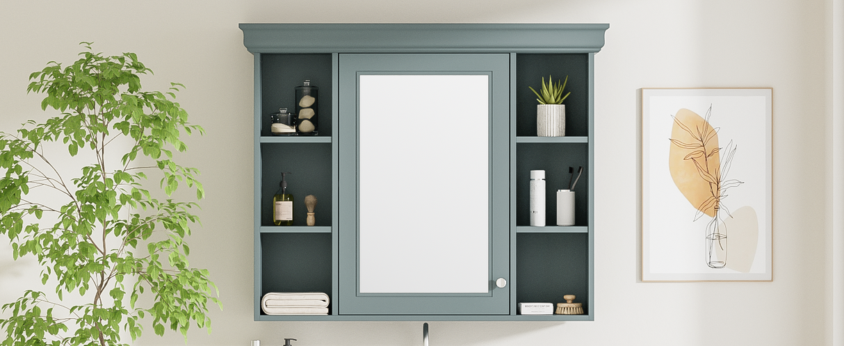 35 ''x 28' 'blue wall mounted bathroom storage cabinet with mirror door and medication cabinet with 6 open shelves - V.I.P Digital Presence