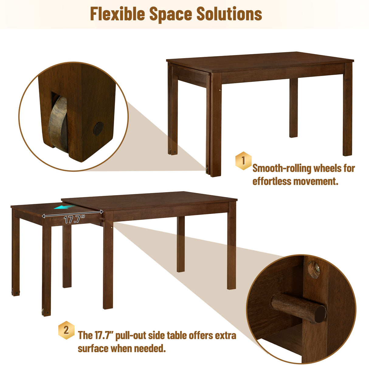 TOPMAX 65 "5-piece set with wheels and expandable dining table set 17.7" pull-out side table and small dining chair Brown