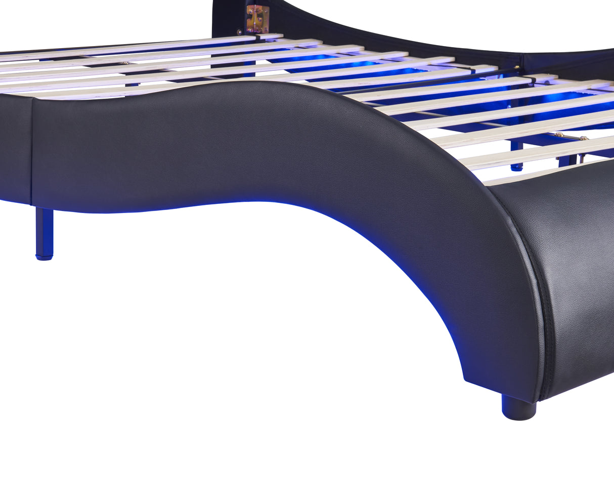 Queen Size Upholstered Faux Leather Platform Bed with LED Light Bed Frame with Slatted - Black - V.I.P Digital Presence