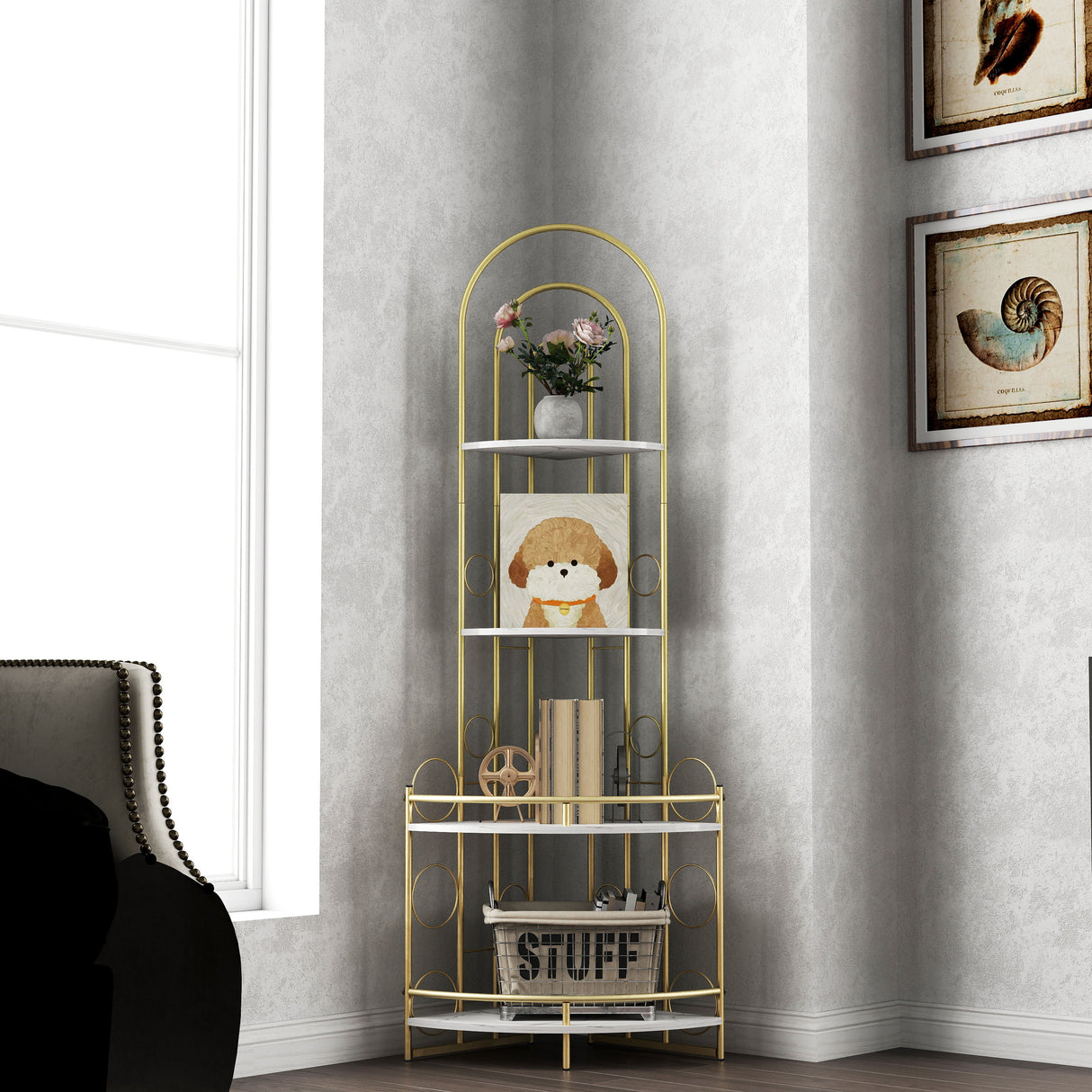 Gold 4-Tier Corner Bookshelf, Modern Style, Plant Stand with Metal Frame - V.I.P Digital Presence