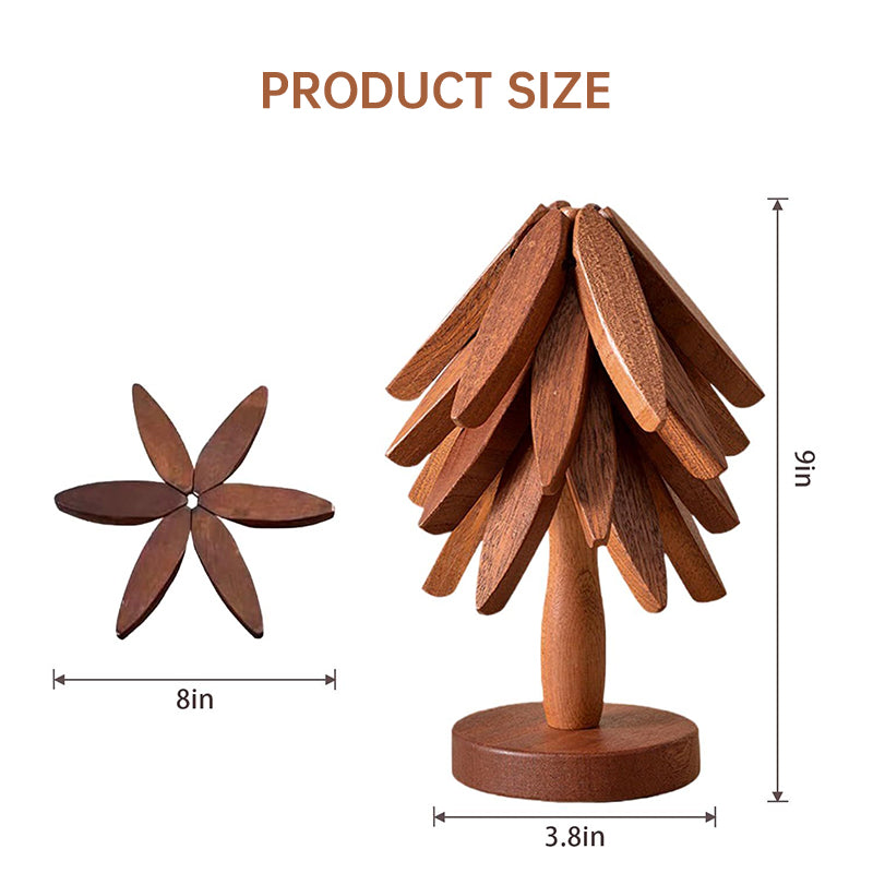 A set of tree - shaped wooden items including 4 trivets for hot dishes, pots, and pans, along with 1 stand. - V.I.P Digital Presence