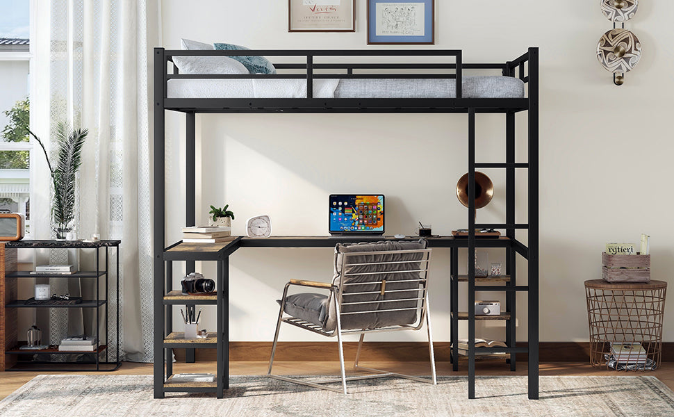 Full metal loft bed with desk and shelf, loft bed with ladder and guardrail, bedroom loft bed frame, black - V.I.P Digital Presence