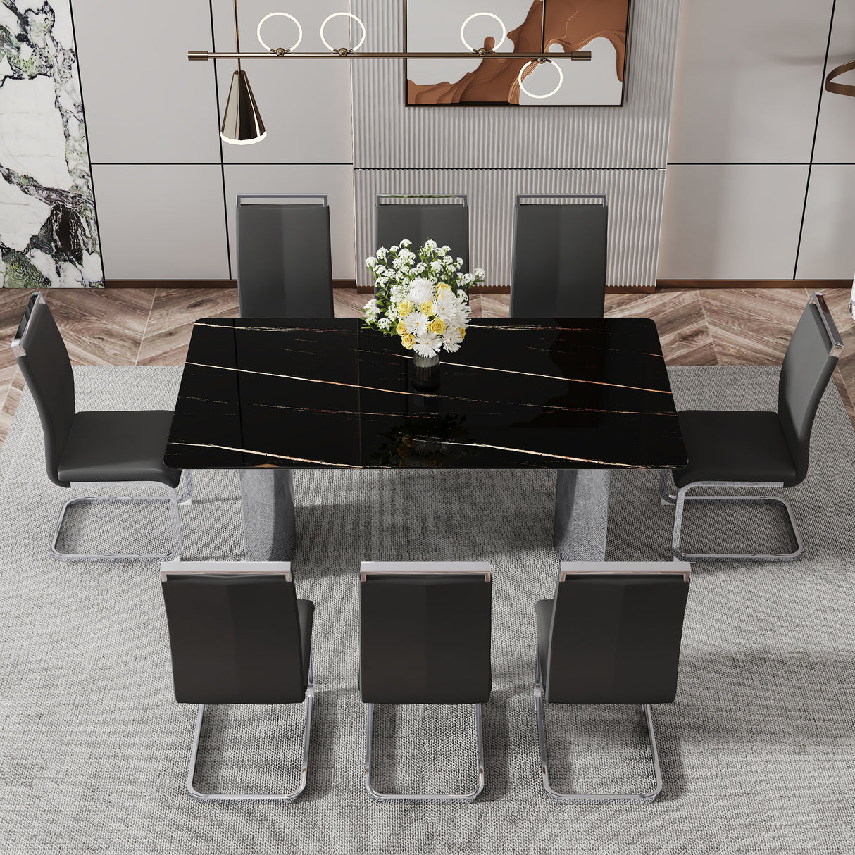 Modern minimalist dining table The black imitation marble glass desktop is equipped with silver metal legs - V.I.P Digital Presence