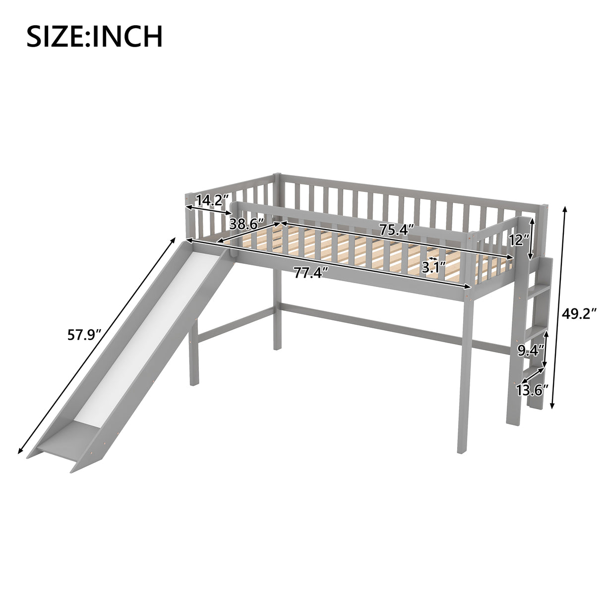 Twin Size Low Loft Bed with Ladder and Slide Gray