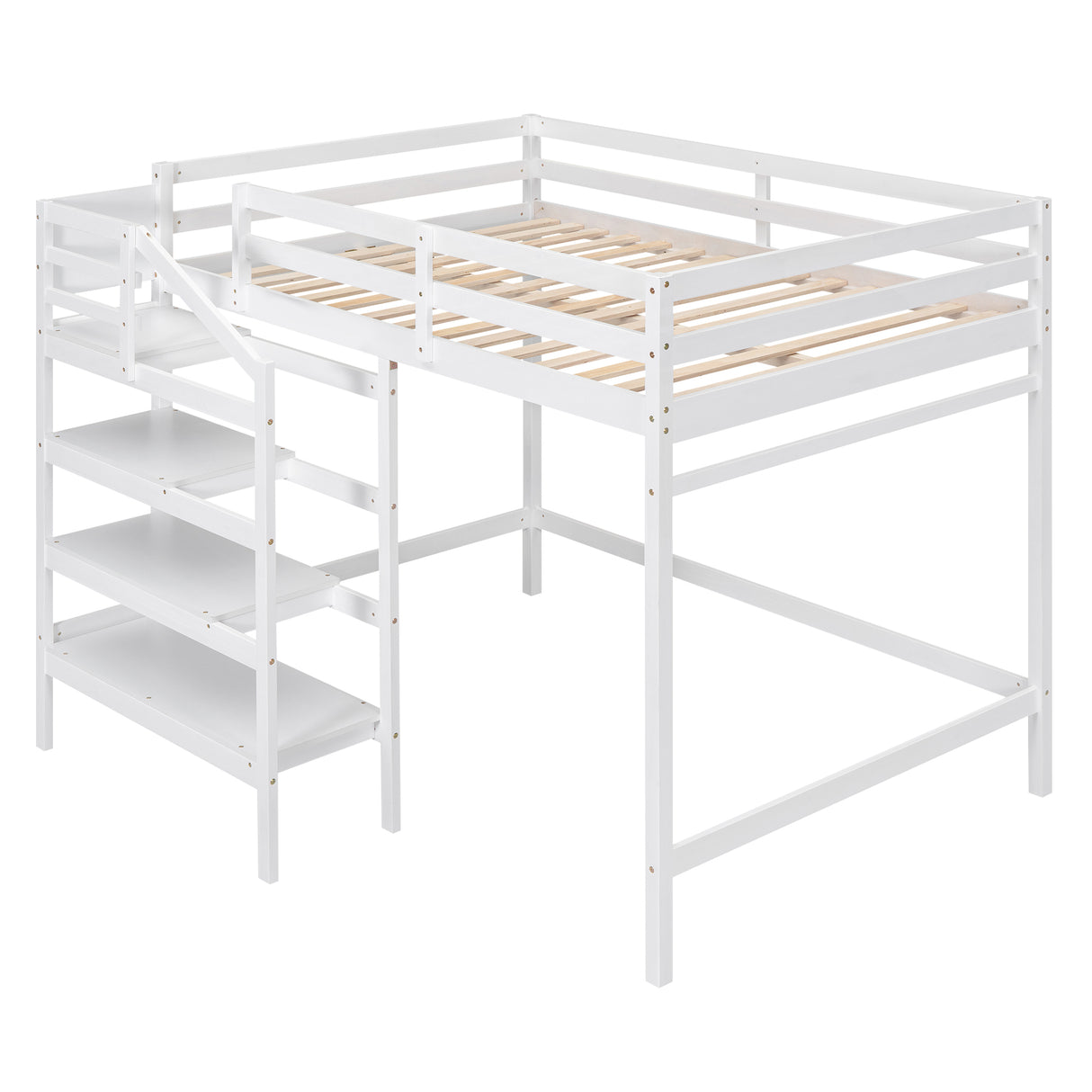 Full Size Loft Bed with Built-in Storage Staircase and Hanger for Clothes White