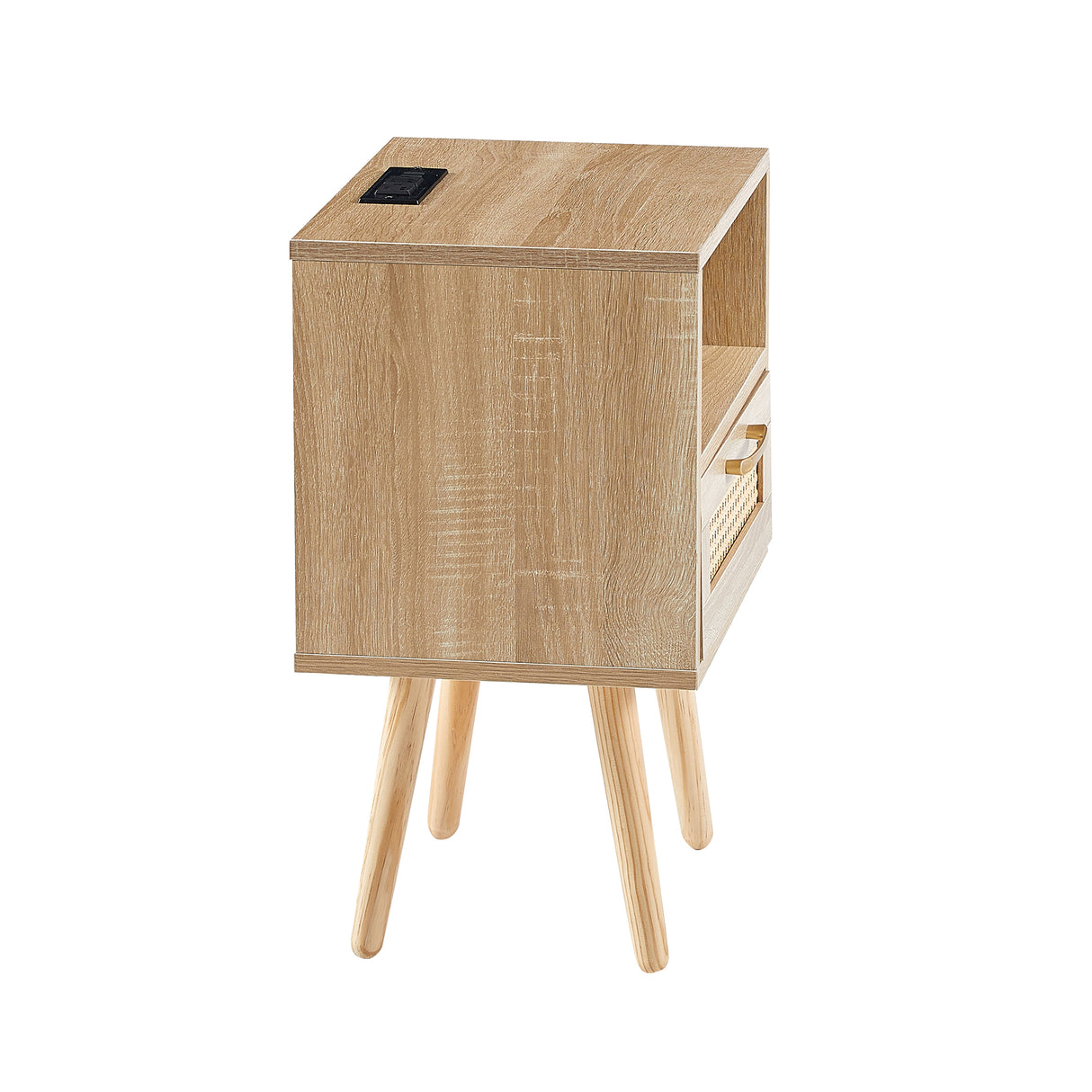 15.75" Rattan End table with Power Outlet & USB Ports Modern nightstand with drawer and solid wood legs - V.I.P Digital Presence