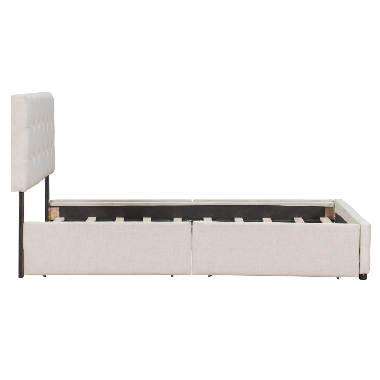 Upholstered Platform Bed with Classic Headboard and 4 Drawers No Box Spring Needed Linen Fabric Queen Size Beige - V.I.P Digital Presence