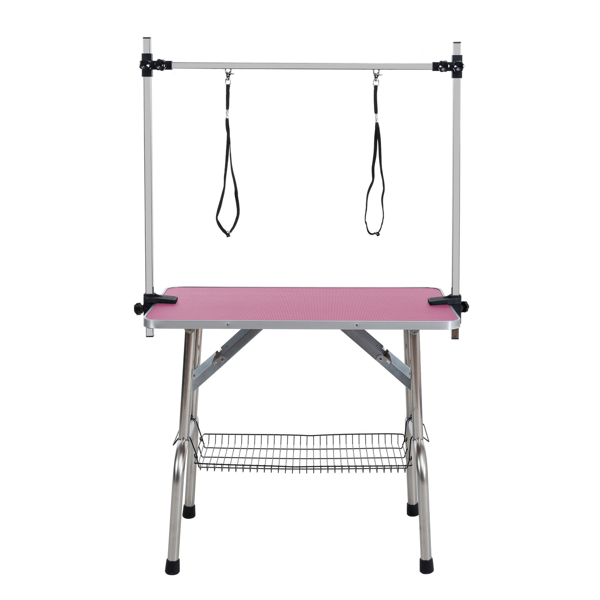 36 inch folding pet grooming table with stainless steel frame and rubber pad, equipped with adjustable armrests and clips (pink) - V.I.P Digital Presence