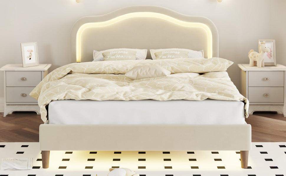 Full Size Velvet Upholstered Smart LED Bed Frame with Adjustable Height Headboard,No Box Spring Needed,Easy Assembly,Beige - V.I.P Digital Presence