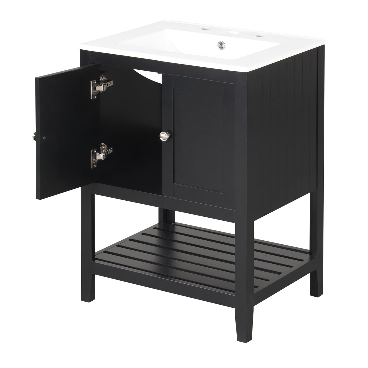 24" Black Modern Sleek Bathroom Vanity Elegant Ceramic Sink with Solid Wood Frame Open Style Shelf - V.I.P Digital Presence