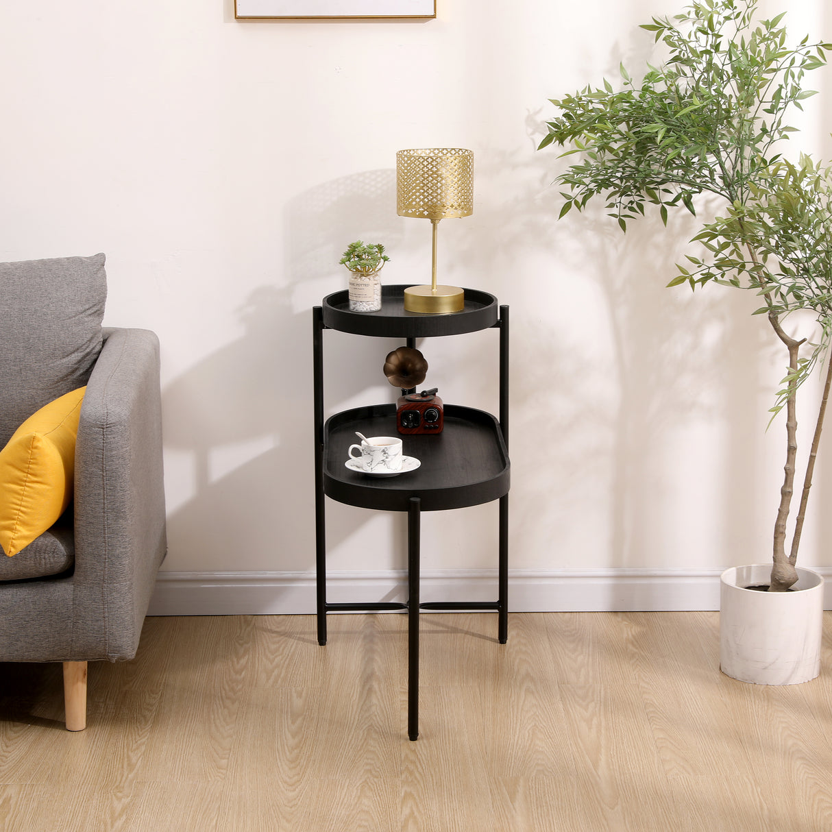 2-Tier Black Side Table with Storage Sofa Table for Living Room Metal Frame & Wooden Desk End Table - V.I.P Digital Presence