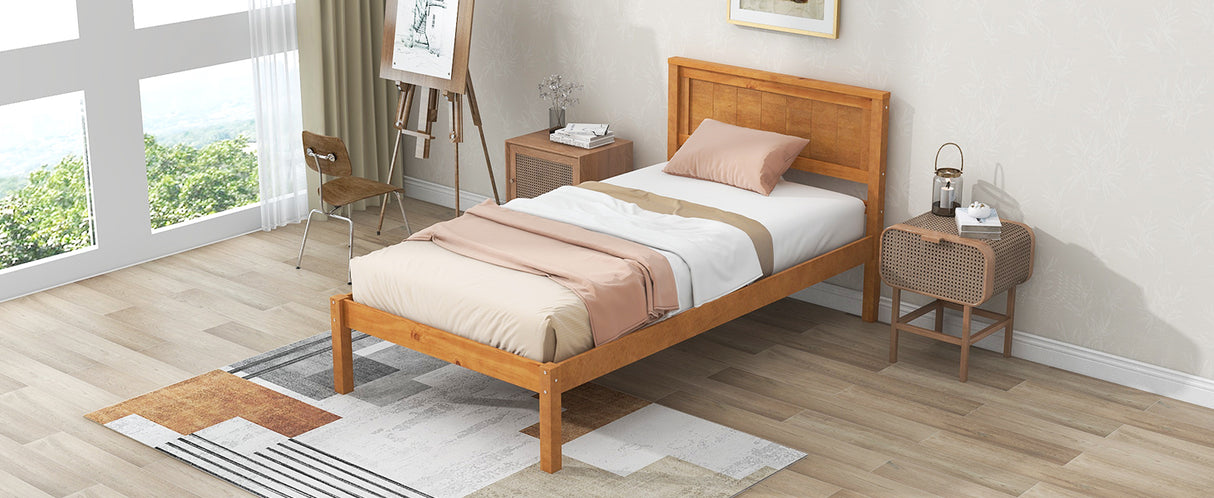 Platform Bed Frame with Headboard Wood Slat Support No Box Spring Needed Twin Oak