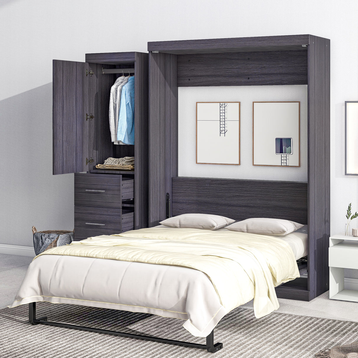 Full Size Murphy Bed with Wardrobe and Drawers, Storage Bed, can be Folded into a Cabinet, Gray - V.I.P Digital Presence