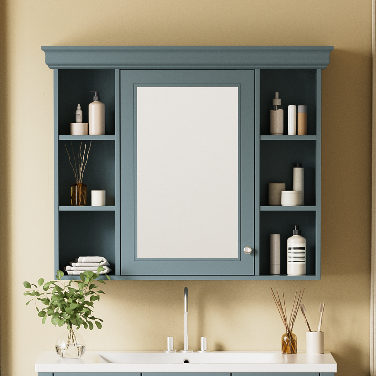 35 ''x 28' 'blue wall mounted bathroom storage cabinet with mirror door and medication cabinet with 6 open shelves - V.I.P Digital Presence