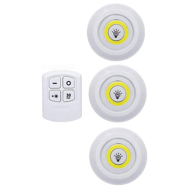 Lámpara LED COB superbrillante de 3 W para debajo del gabinete, con control remoto inalámbrico y regulable, ideal para el hogar, el dormitorio, el armario y la cocina.