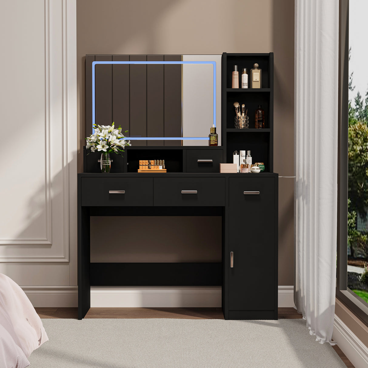 Smart mirror dressing table with drawers and storage cabinets