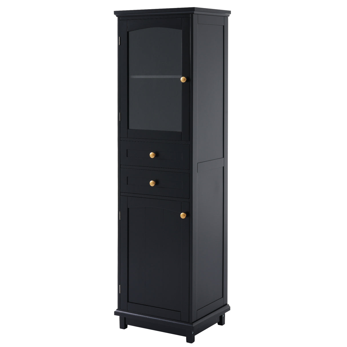 Tall Bathroom Storage Cabinet with Glass Doors, Free-Standing, Two Drawers, and Adjustable Shelves, MDF Board, Painted Black - V.I.P Digital Presence