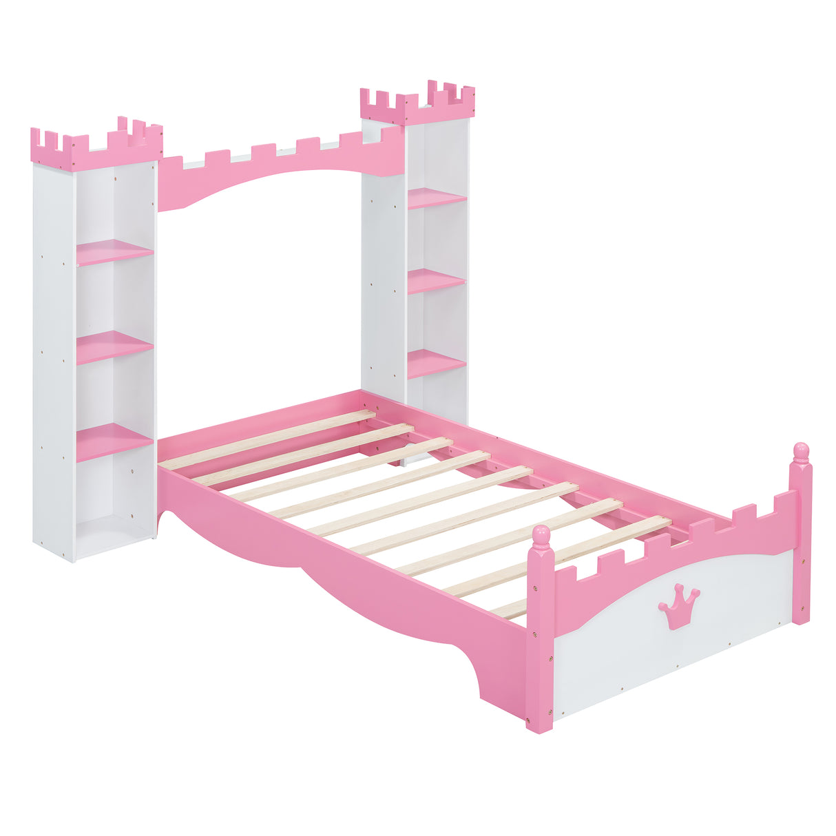 Castle-Shaped Wooden Bed with Storage Shelf, Dreamy Twin Size Platform Bed for Kids Bedroom, White + Pink - V.I.P Digital Presence