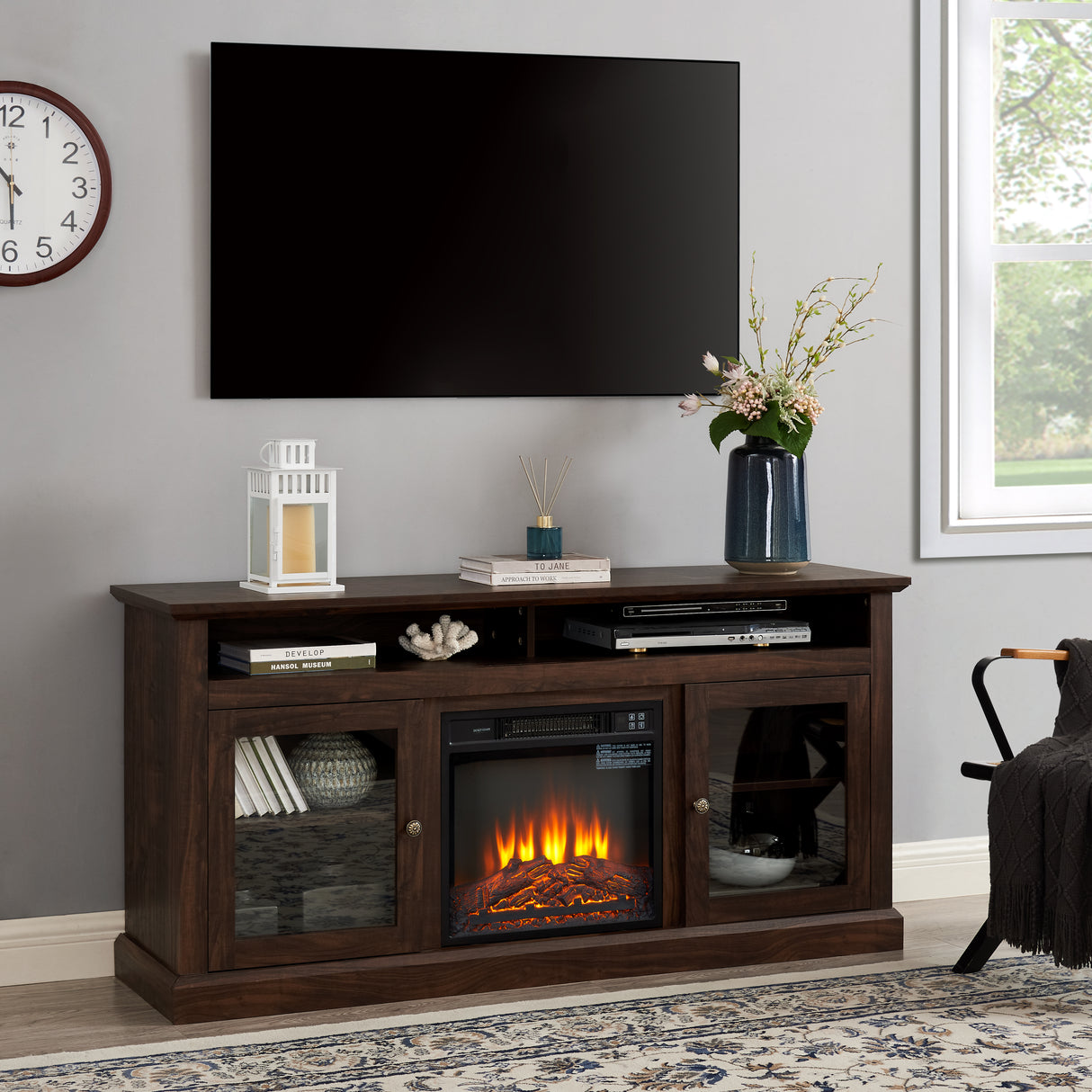 Contemporary TV Media Stand Modern Entertainment Console with 18" Fireplace Insert for TV Up to 65" with Open - V.I.P Digital Presence