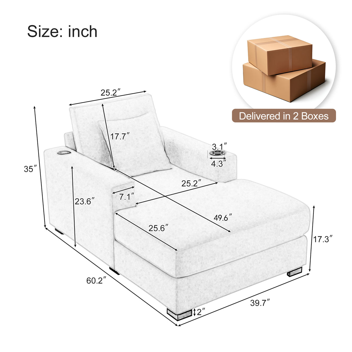 39.7" Oversized Chaise Lounger Modern Style Sofa Couch ,with Pillows, Charge Station & Cup Holders, Chenille Fabric, Cream - V.I.P Digital Presence