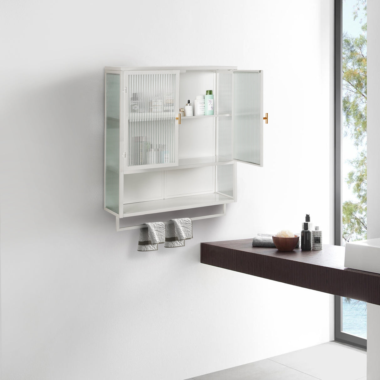 23.62"Glass Doors Modern Two-door Wall Cabinet with Featuring Two-tier Enclosed Storage an Open Shelf and Towel Rack