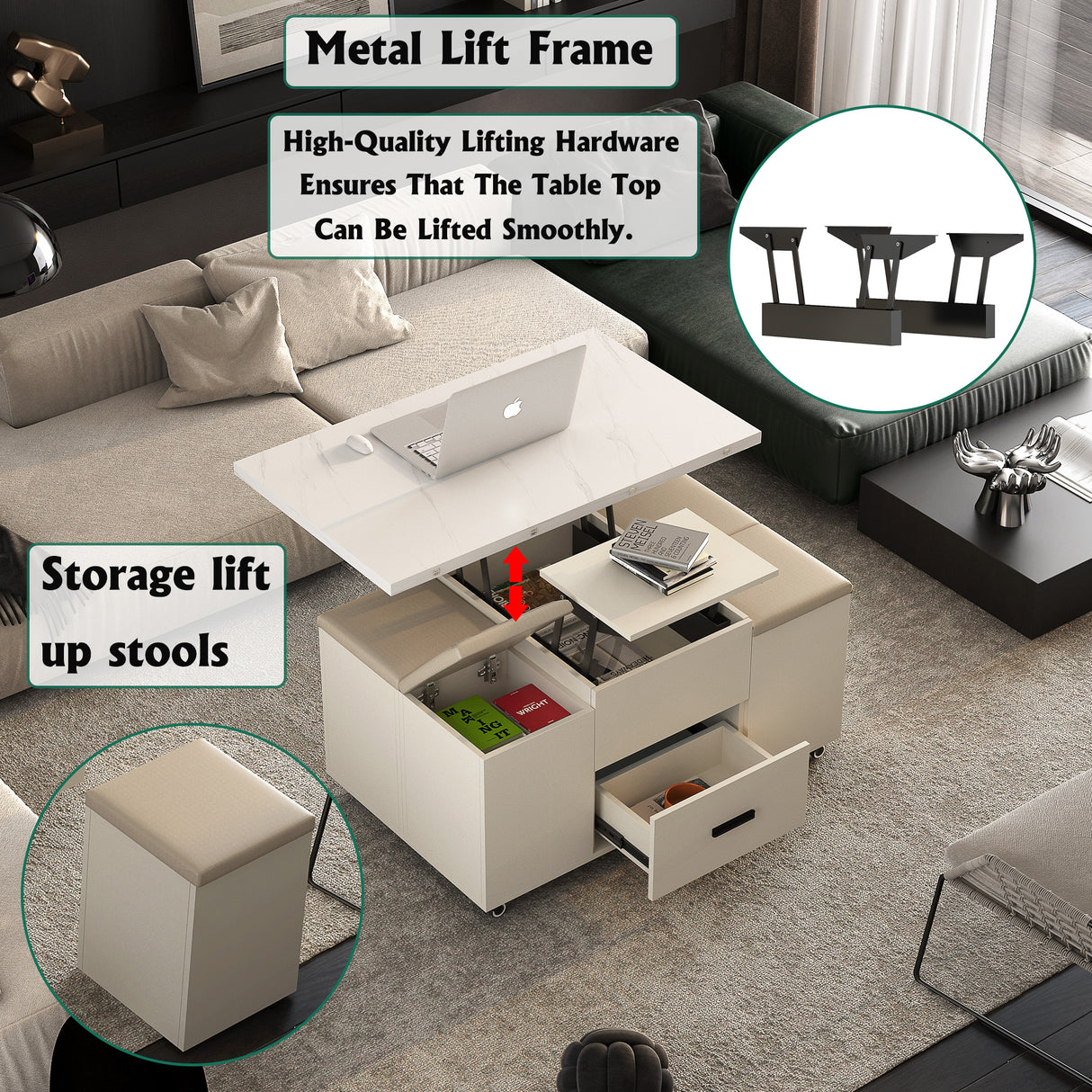 Modern lift coffee table, living room with 4 chairs, expandable 1 hidden storage space+2 drawers, folding dining table - V.I.P Digital Presence