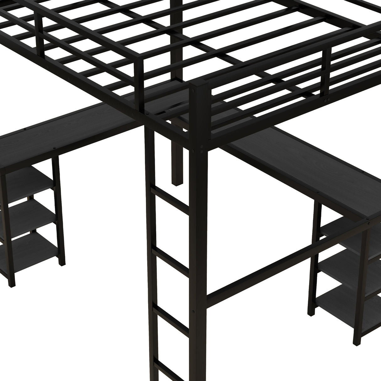 All metal loft bed with desk and shelf, loft bed with ladder and guardrail, black with black desk - V.I.P Digital Presence