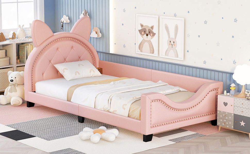 Twin Size Upholstered Daybed with Carton Ears Shaped Headboard Pink