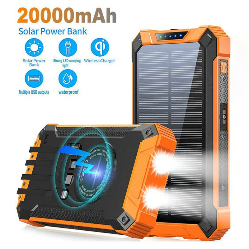 Banco de energía solar de carga inalámbrica de 20000 mAh, gran capacidad, para teléfono móvil, para exteriores