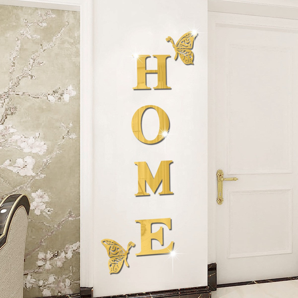 Two butterflies HOME letter mirror decoration 1mm thick acrylic wall sticker living room entrance sticker - V.I.P Digital Presence