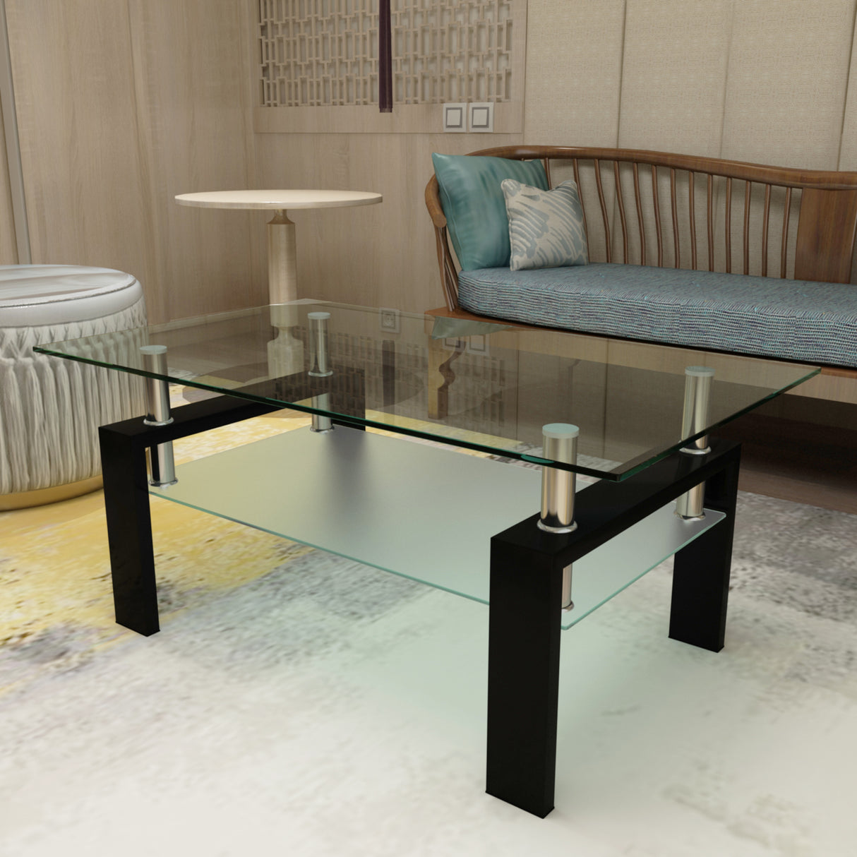 Rectangle Black Glass Coffee Table Clear Coffee Table Modern Side Center Tables for Living Room Living Room Furniture - V.I.P Digital Presence
