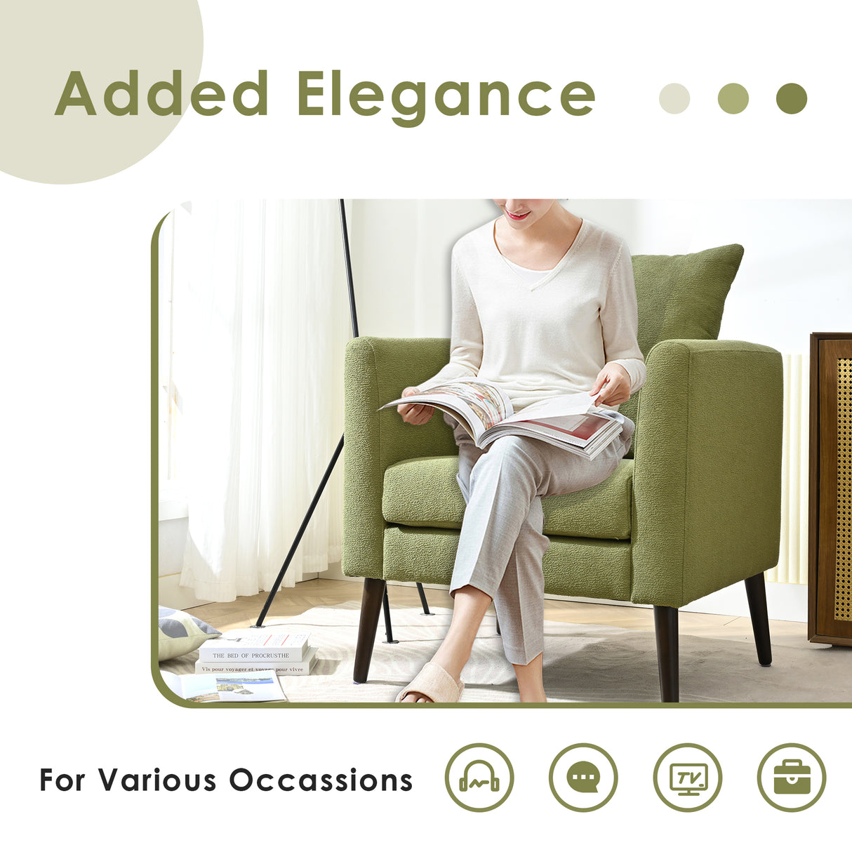 Barrel Chair, modern style chair, fabric armchair, club chair, solid wood leg cushion armchair, olive green waist pillow - V.I.P Digital Presence