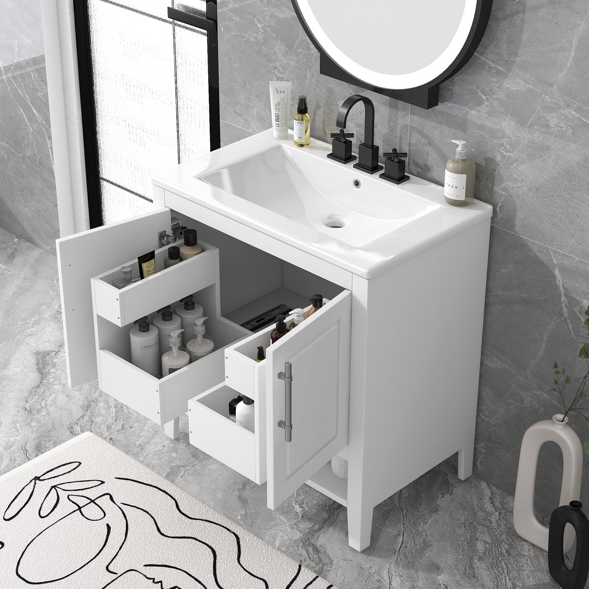 30" Bathroom Vanity with Sink Multi-functional Bathroom Cabinet with Doors and Drawers Solid Frame and MDF Board, White - V.I.P Digital Presence