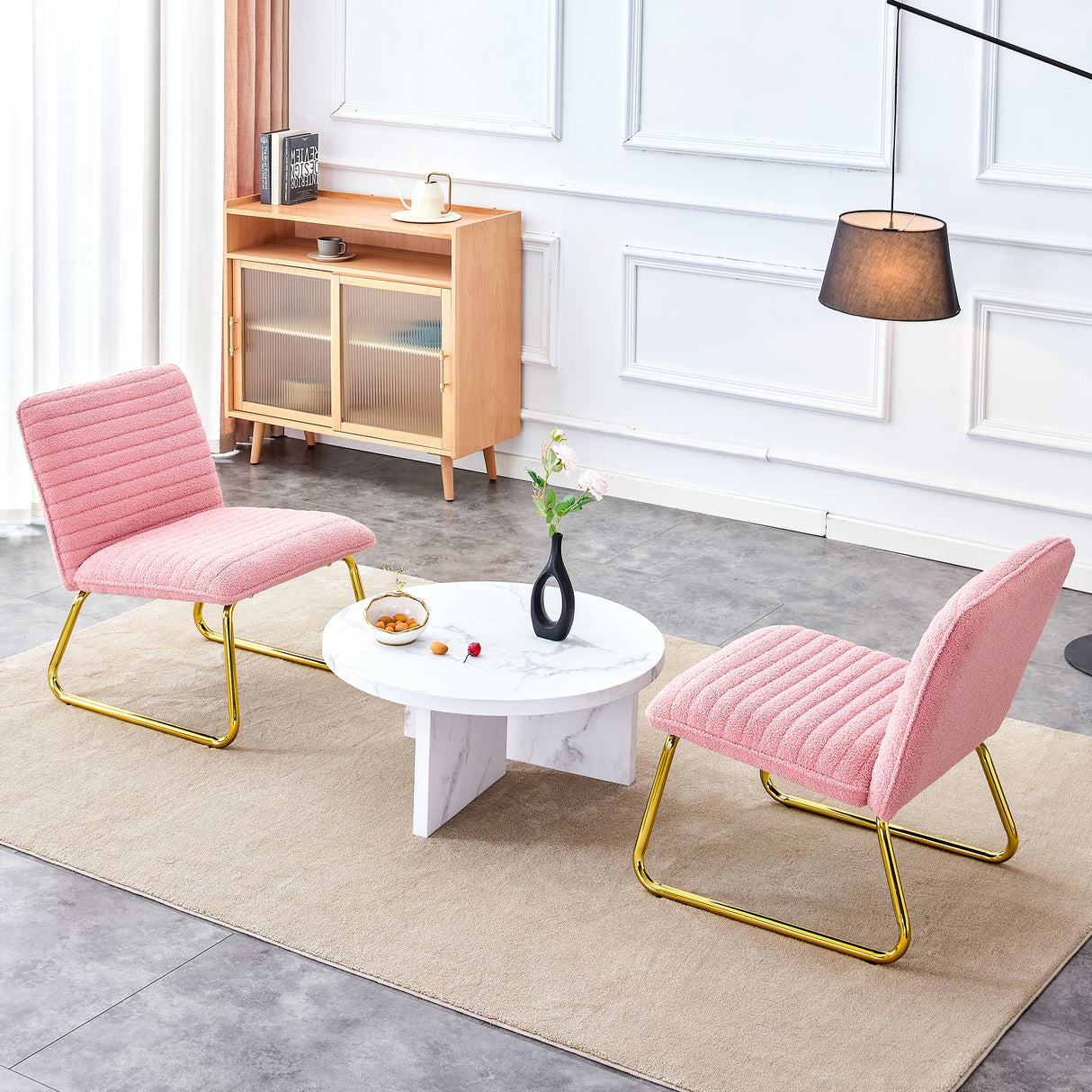 Modern minimalist pink plush fabric single person sofa chair with golden metal legs