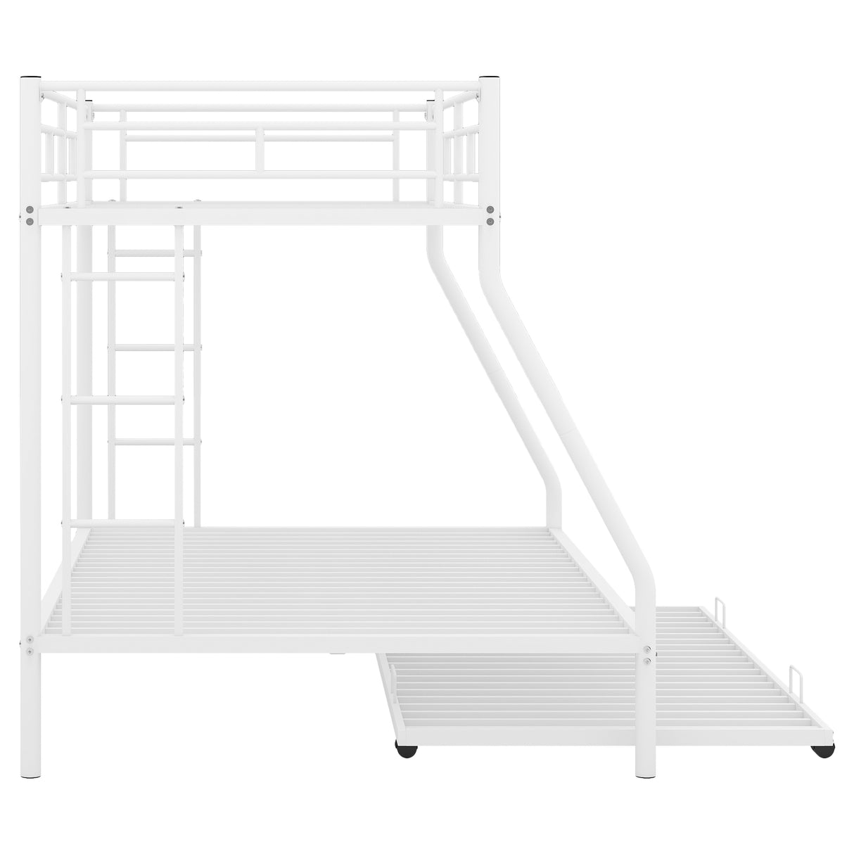 Twin over Full Bed with Sturdy Steel Frame Bunk Bed with Twin Size Trundle Two-Side Ladders White