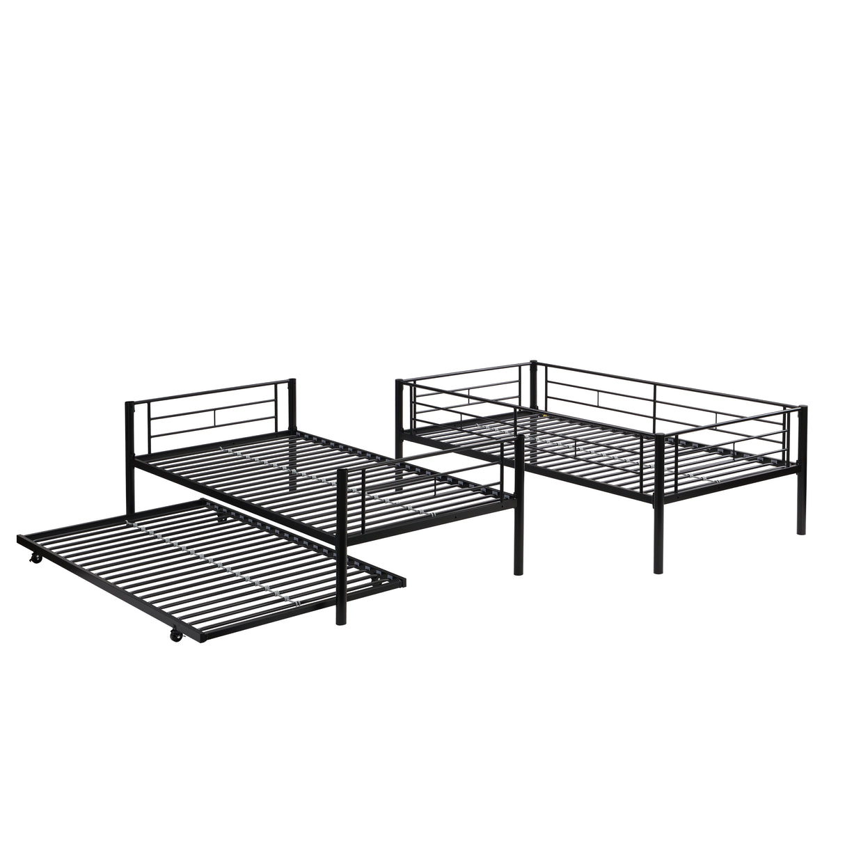 Twin bunk bed frame with trailer, metal bunk bed with sturdy guardrail and side ladder, can be divided into two beds, black - V.I.P Digital Presence