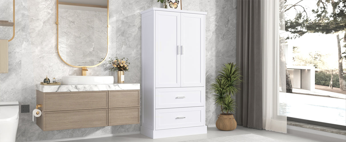 Tall Bathroom Storage Cabinet, Cabinet with Two Doors and Drawers, Adjustable Shelf, MDF Board, White - V.I.P Digital Presence