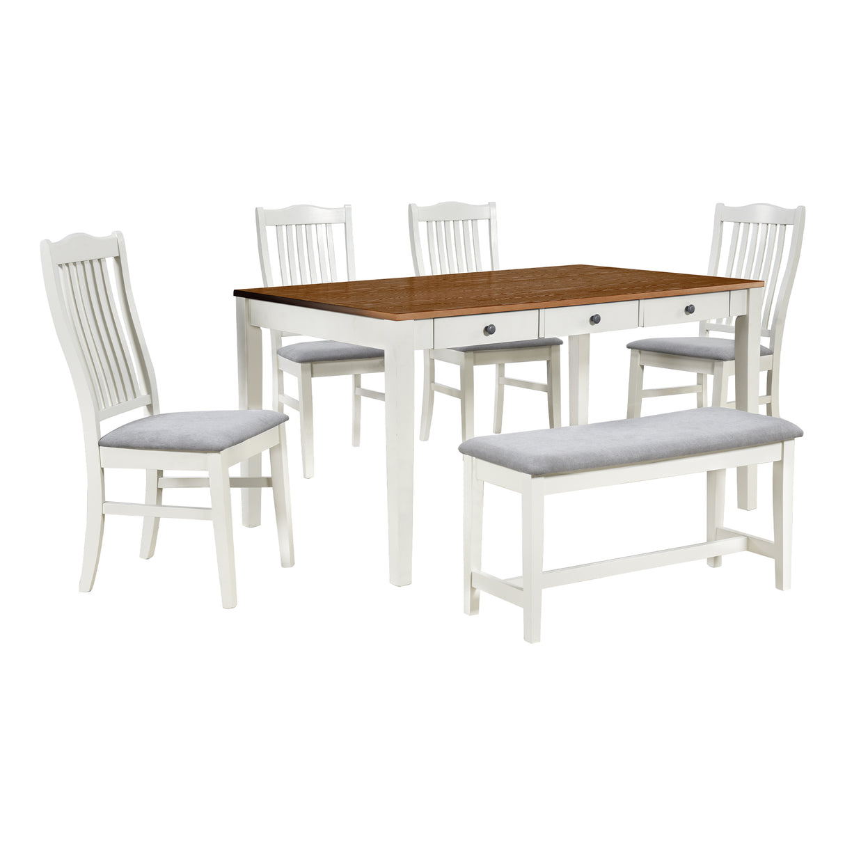 TOPMAX Mid-Century 6-Piece Wood Dining Table Set, Kitchen Table Set with Drawer Upholstered Chairs and Bench Butter Milk