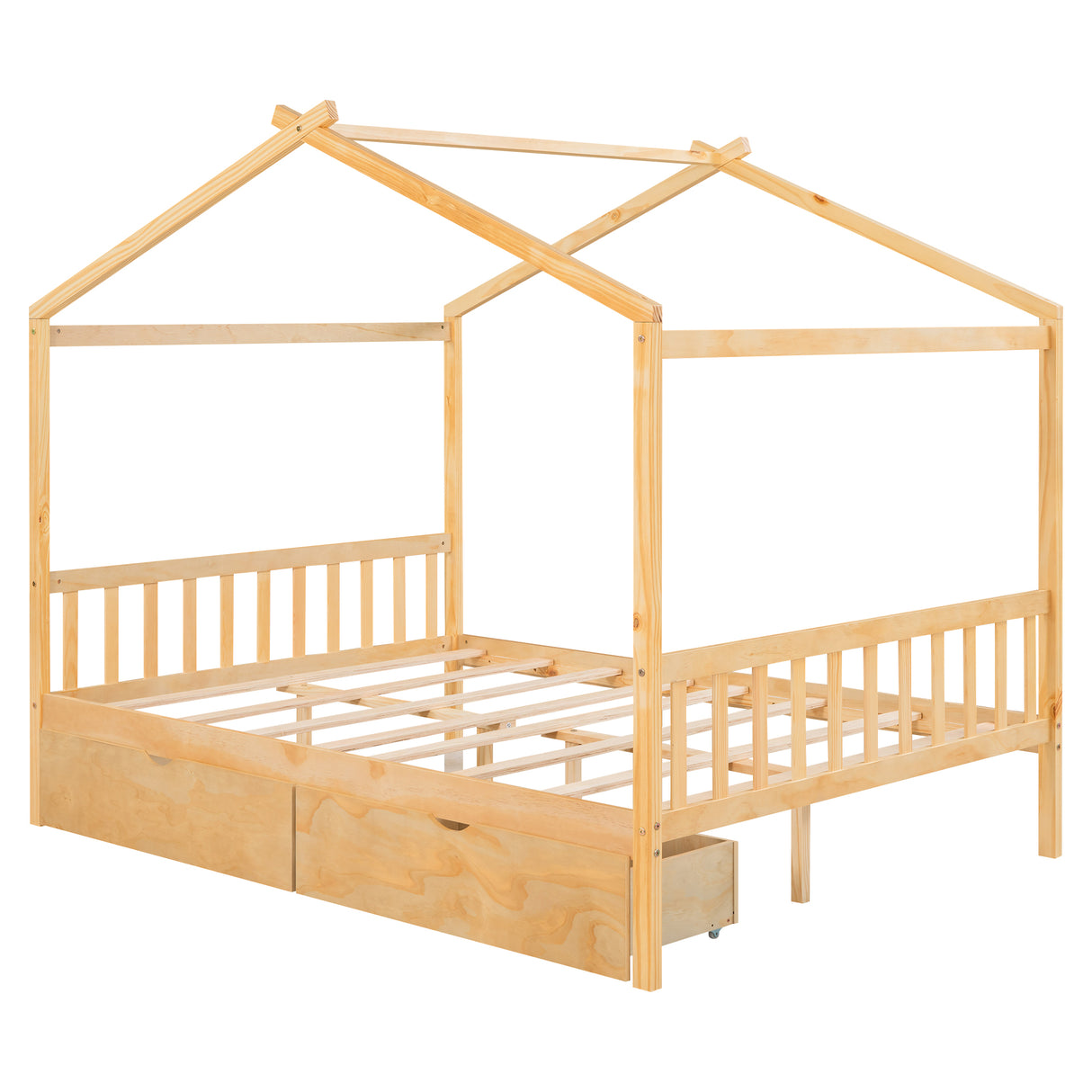 Full Size House Platform Bed with Two Drawers,Headboard and Footboard Roof Design Natural