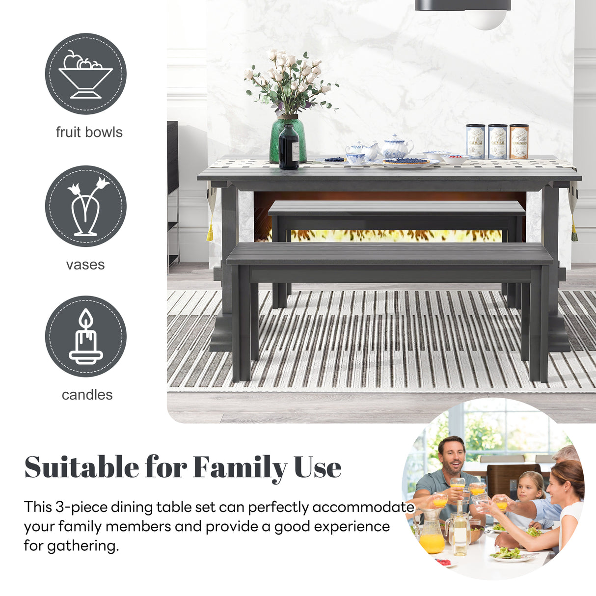 TREXM 3-piece retro cutlery set, rectangular stand table, and 2 wooden stools for 4 people (gray) - V.I.P Digital Presence