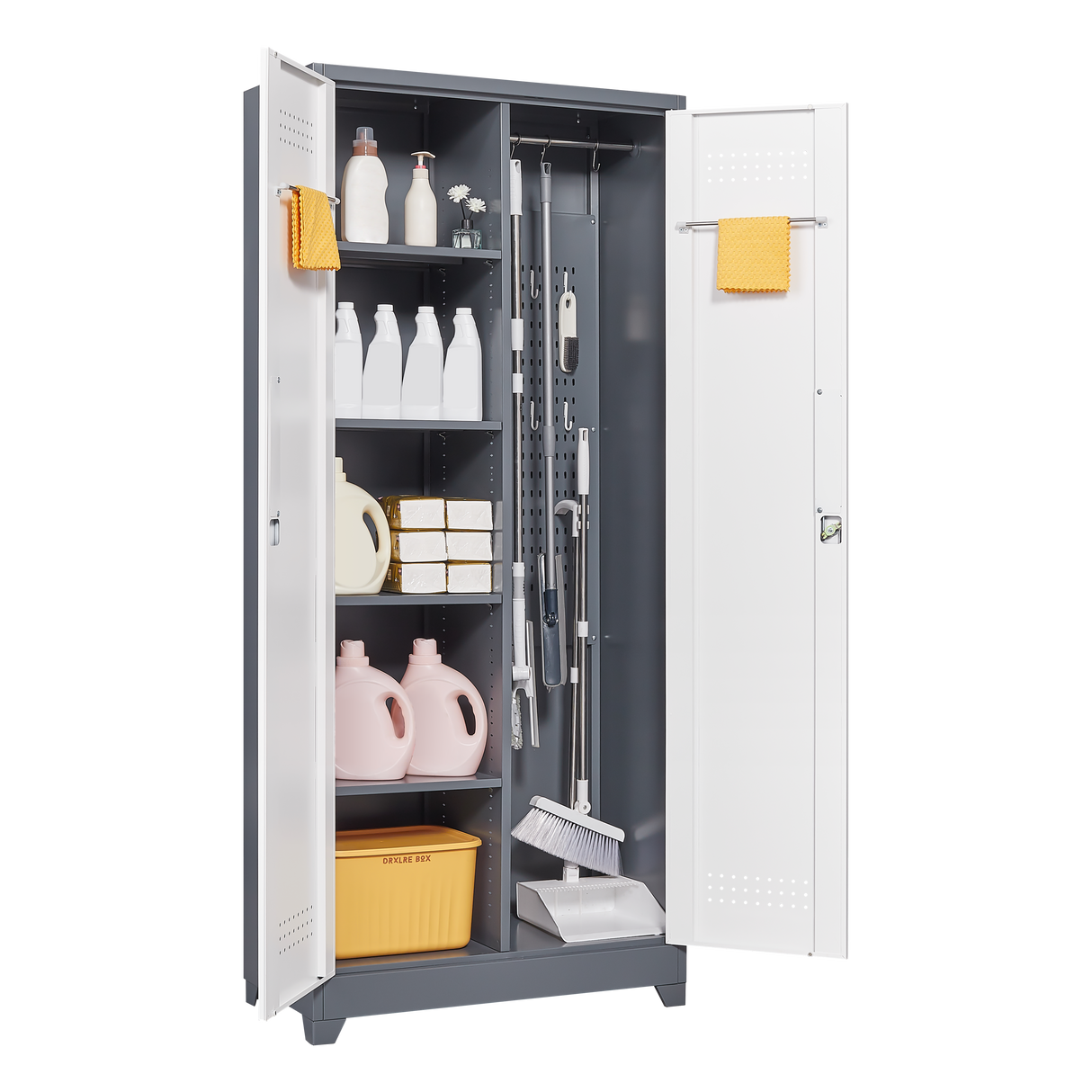 Metal storage cabinets, lockable cleaning tool cabinets, high broom tool organizers, and large storage cabinets in storage store - V.I.P Digital Presence