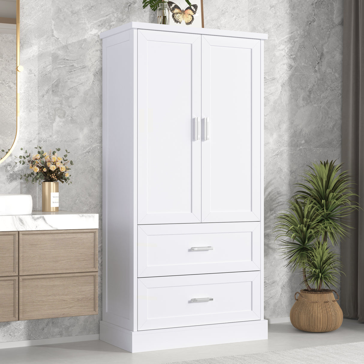 Tall Bathroom Storage Cabinet, Cabinet with Two Doors and Drawers, Adjustable Shelf, MDF Board, White - V.I.P Digital Presence