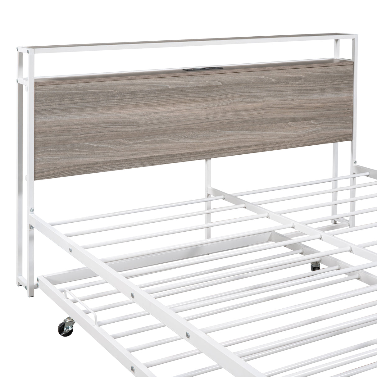 Queen Size Metal Platform Bed Frame with Trundle, USB Ports and Slat Support ,No Box Spring Needed White - V.I.P Digital Presence