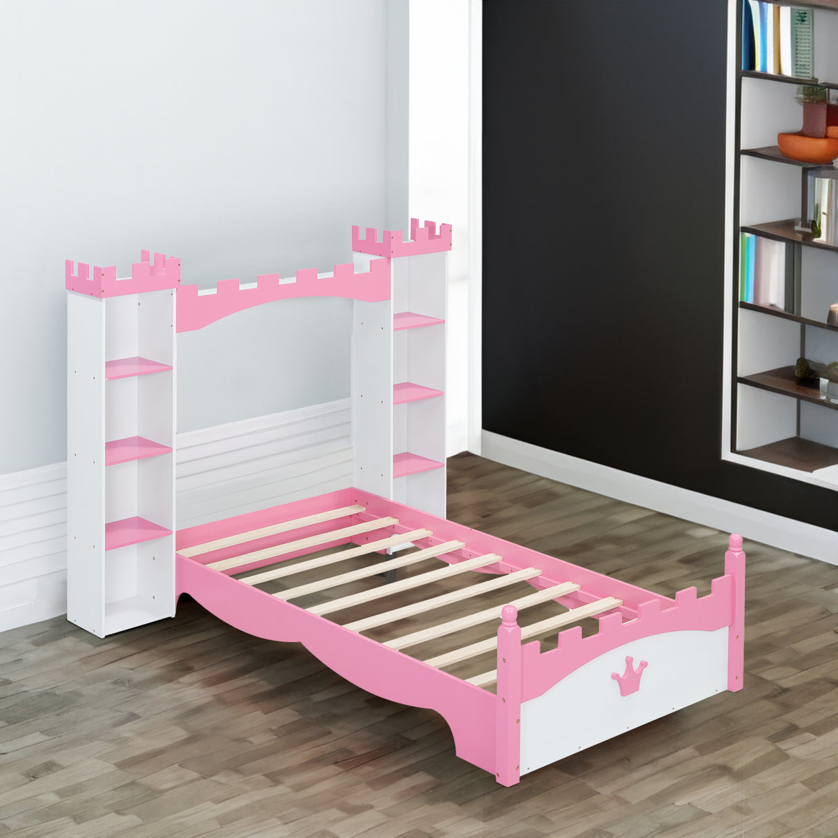 Castle-Shaped Wooden Bed with Storage Shelf, Dreamy Twin Size Platform Bed for Kids Bedroom, White + Pink - V.I.P Digital Presence
