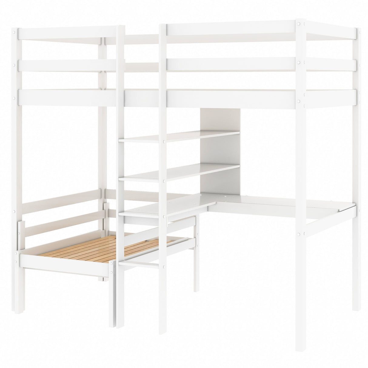 Convertible Loft Bed with L-Shape Desk, Twin Bunk Bed with Shelves and Ladder White