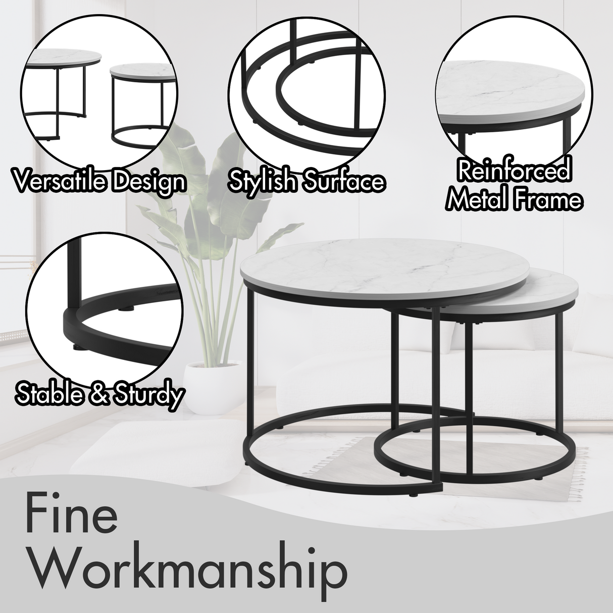 A set of nested 27.6-inch circular coffee tables with a wooden marble patterned tabletop and a sturdy metal frame (white) - V.I.P Digital Presence