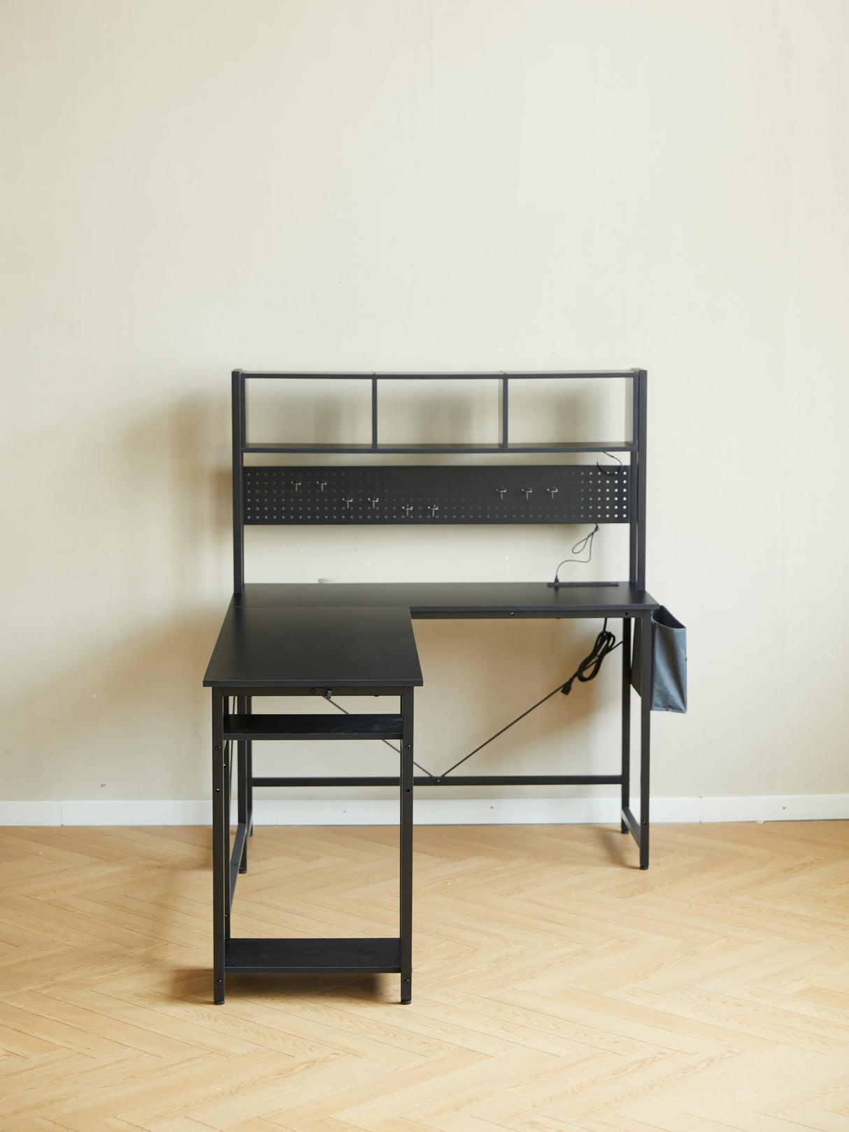 94.5 Inch Home Office Desk L shape gaming desk with LED storage Shelves METAL PANNEL and stool (BLACK) - V.I.P Digital Presence