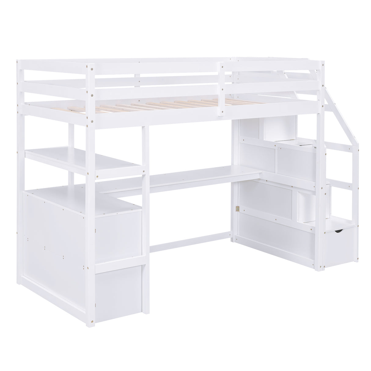 Twin Size Loft Bed with Desk and Shelves Two Built-in Drawers Storage Staircase White